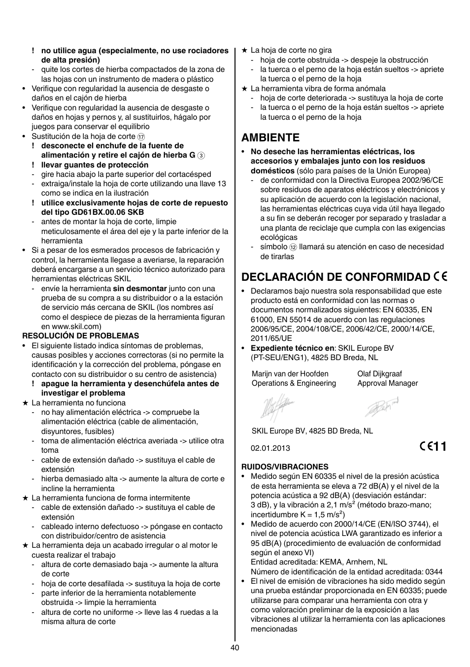 Ambiente, Declaración de conformidad | Skil 0705 RA User Manual | Page 40 / 132