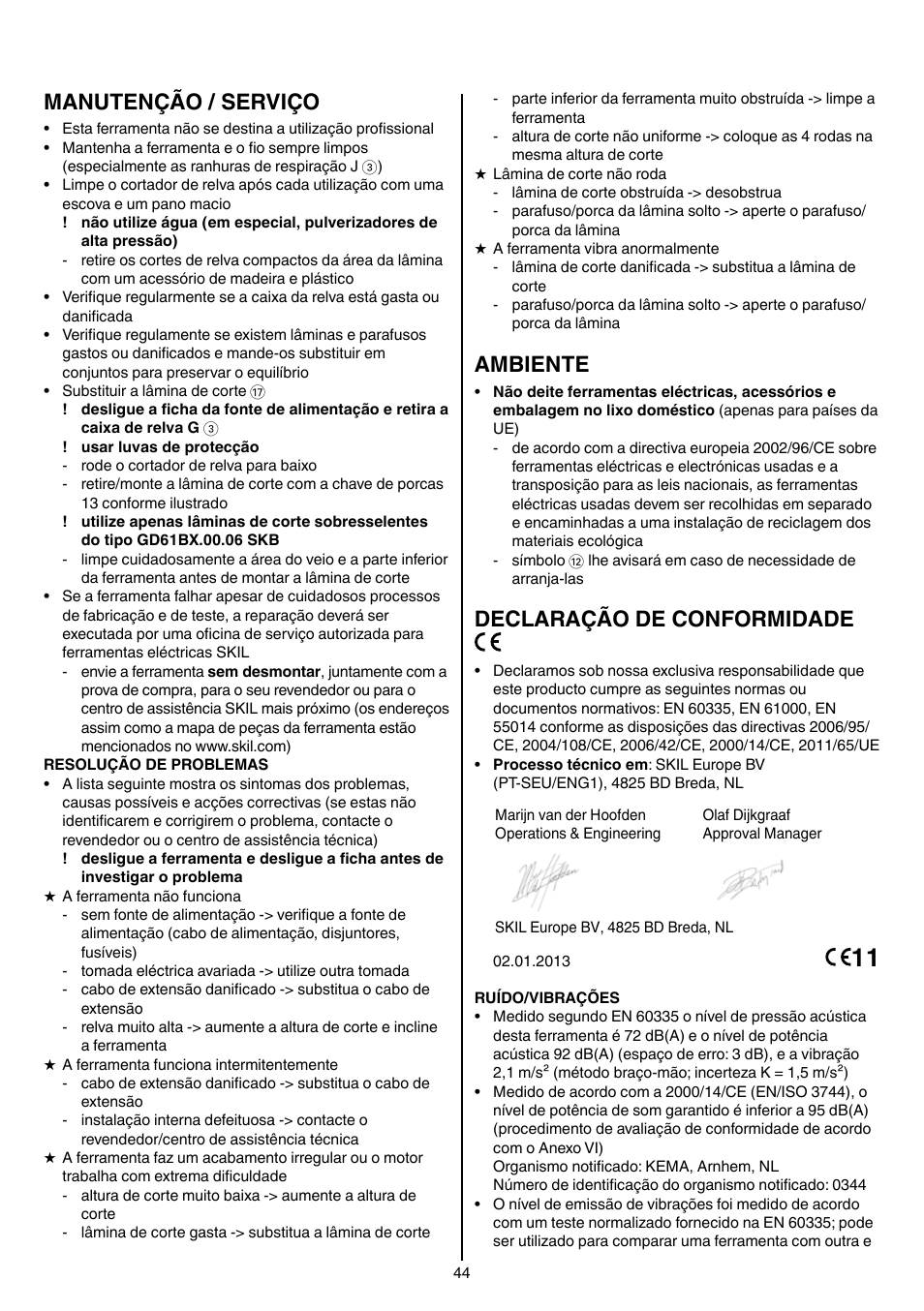 Manutenção / serviço, Ambiente, Declaração de conformidade | Skil 0705 RA User Manual | Page 44 / 132