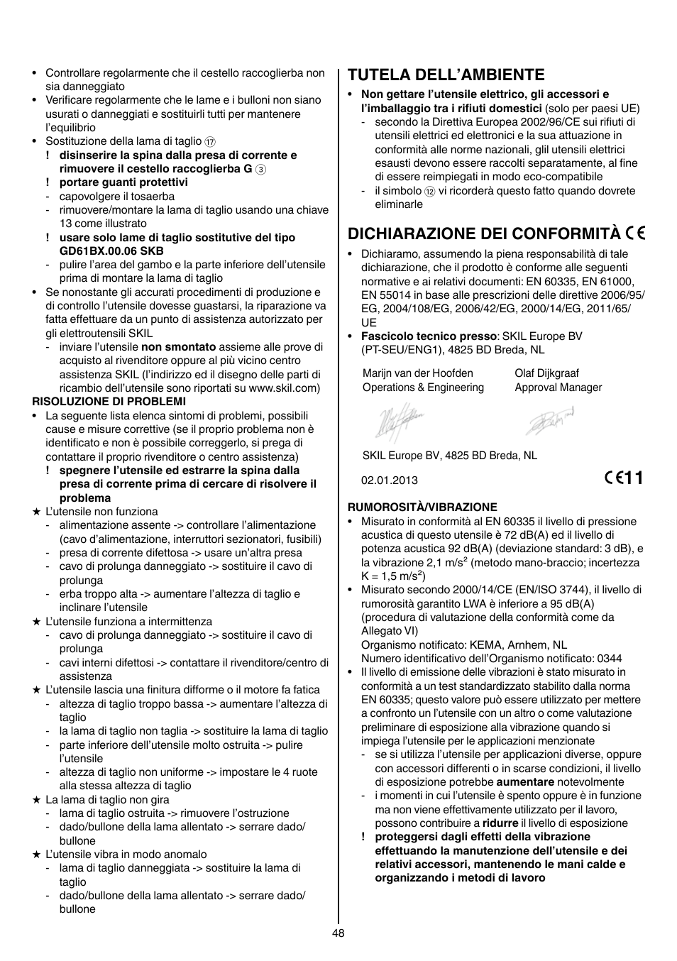 Tutela dell’ambiente, Dichiarazione dei conformità | Skil 0705 RA User Manual | Page 48 / 132