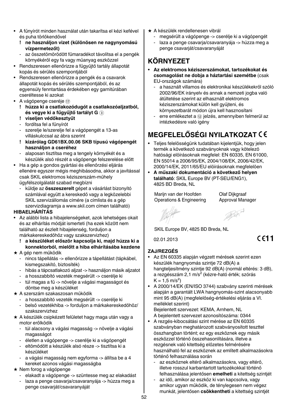 Környezet, Megfelelőségi nyilatkozat | Skil 0705 RA User Manual | Page 52 / 132