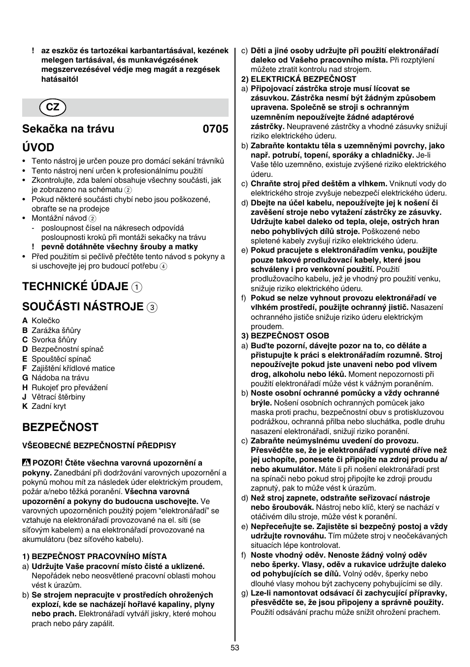 Sekačka na trávu 0705 úvod, Technické údaje 1 součásti nástroje 3, Bezpečnost | Skil 0705 RA User Manual | Page 53 / 132