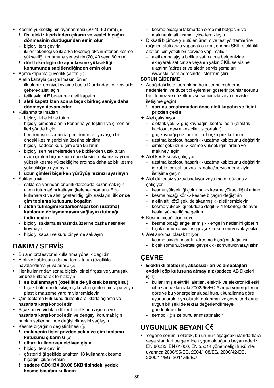 Bakim / servis, Çevre, Uygunluk beyani | Skil 0705 RA User Manual | Page 59 / 132