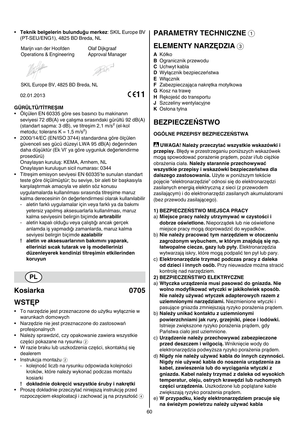 Kosiarka 0705 wstęp, Parametry techniczne 1 elementy narzędzia 3, Bezpieczeństwo | Skil 0705 RA User Manual | Page 60 / 132