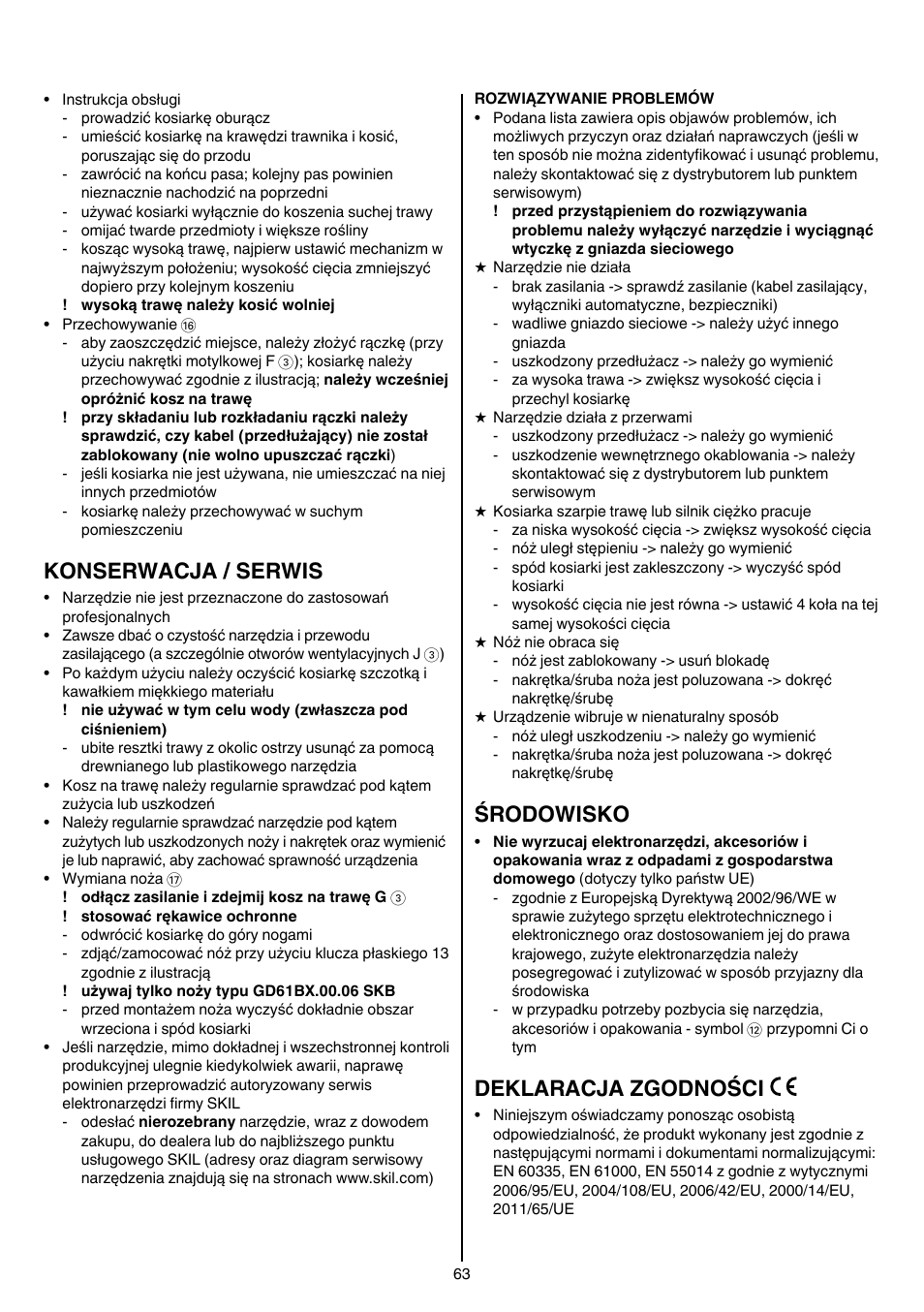 Konserwacja / serwis, Środowisko, Deklaracja zgodności | Skil 0705 RA User Manual | Page 63 / 132