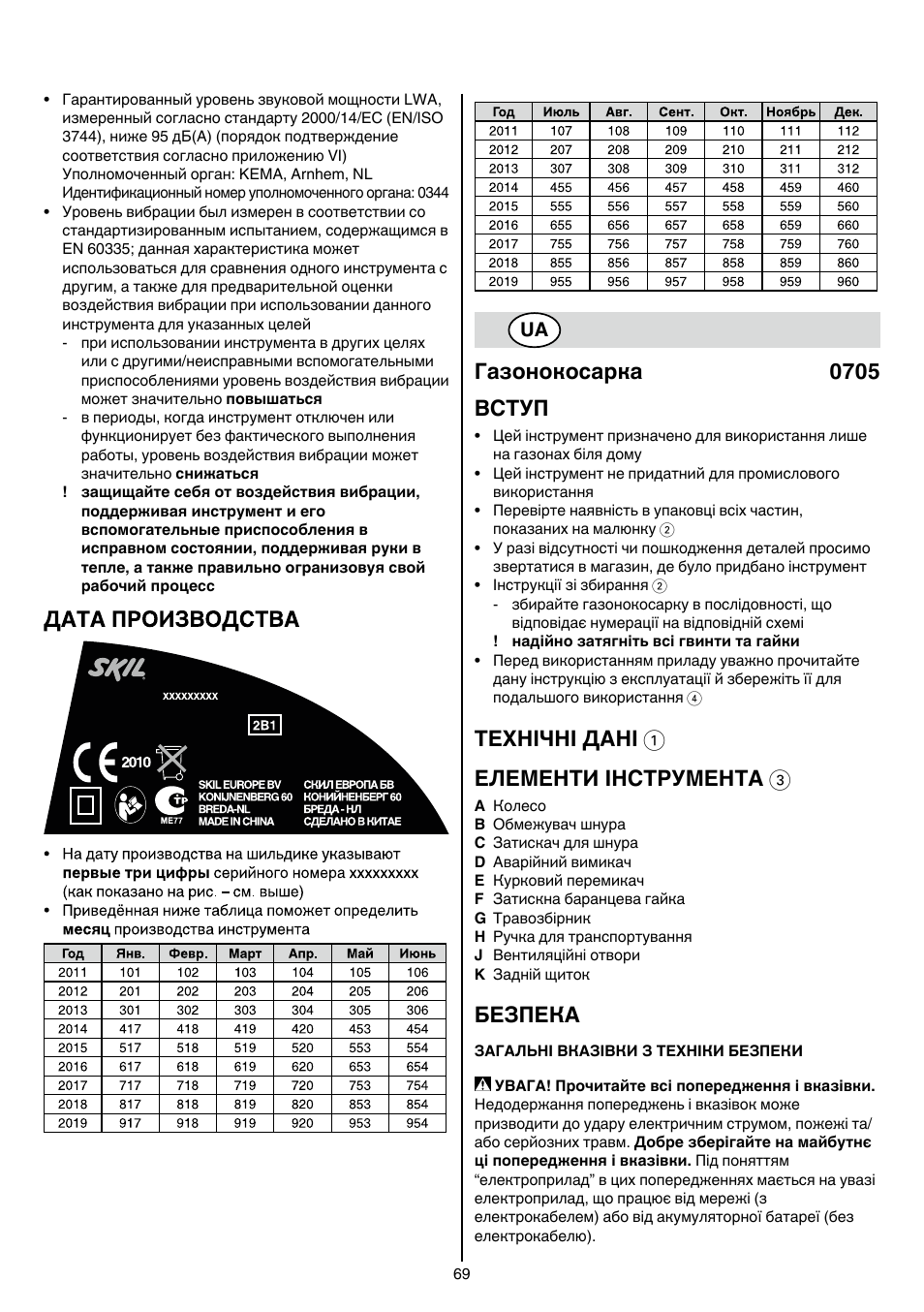 Газонокосарка 0705 вступ, Технічні дані 1 елементи інструмента 3, Безпека | Skil 0705 RA User Manual | Page 69 / 132