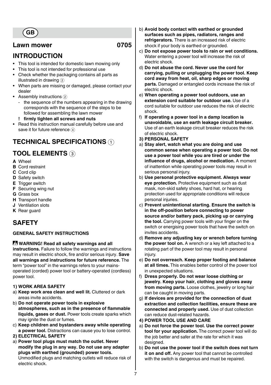 Lawn mower 0705 introduction, Technical specifications 1 tool elements 3, Safety | Skil 0705 RA User Manual | Page 7 / 132