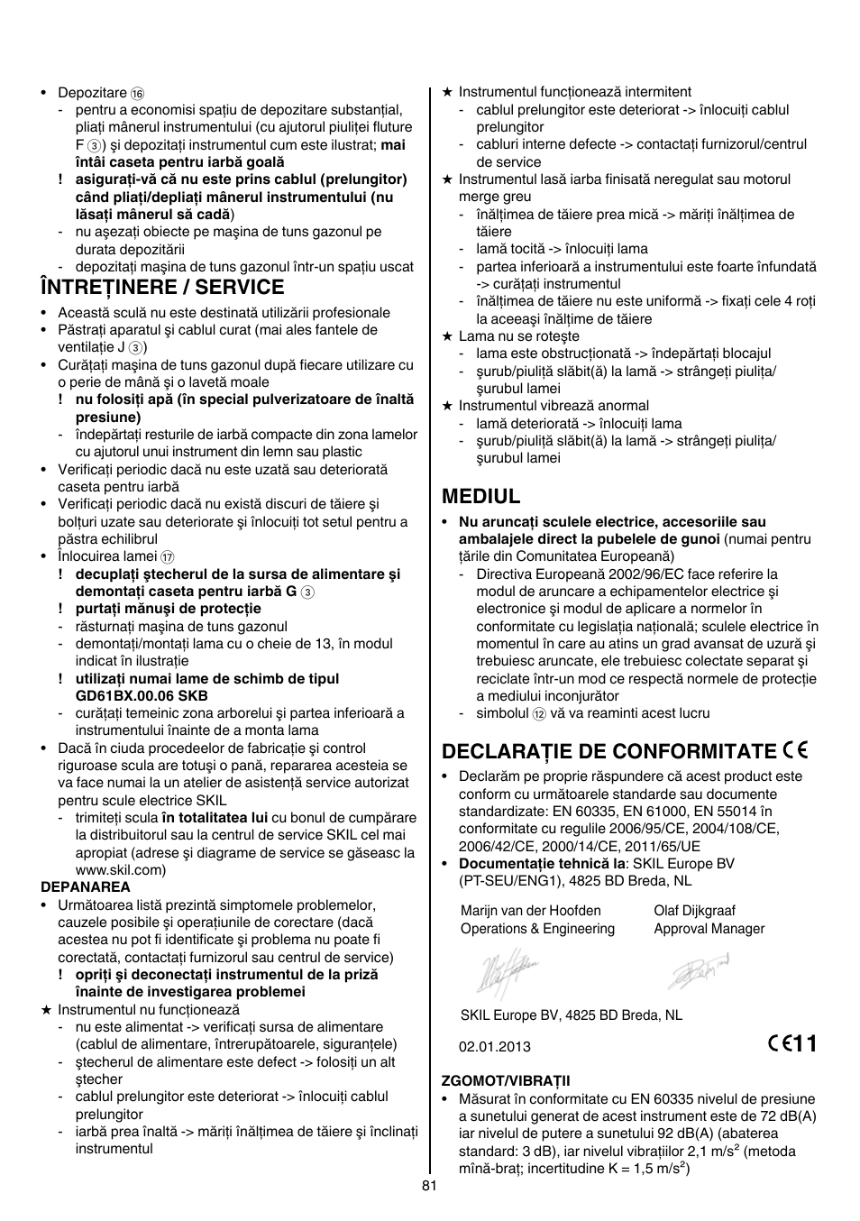 Întreţinere / service, Mediul, Declaraţie de conformitate | Skil 0705 RA User Manual | Page 81 / 132