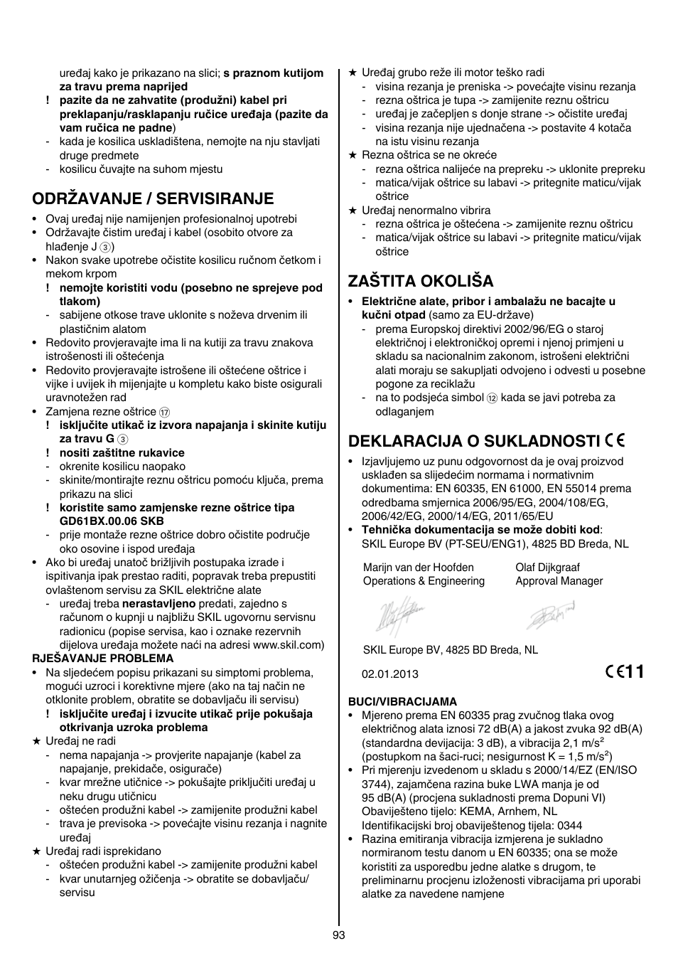 Održavanje / servisiranje, Zaštita okoliša, Deklaracija o sukladnosti | Skil 0705 RA User Manual | Page 93 / 132