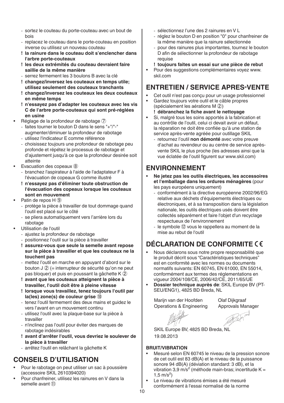 Conseils d’utilisation, Entretien / service apres-vente, Environnement | Déclaration de conformite | Skil 1550 AA User Manual | Page 10 / 108