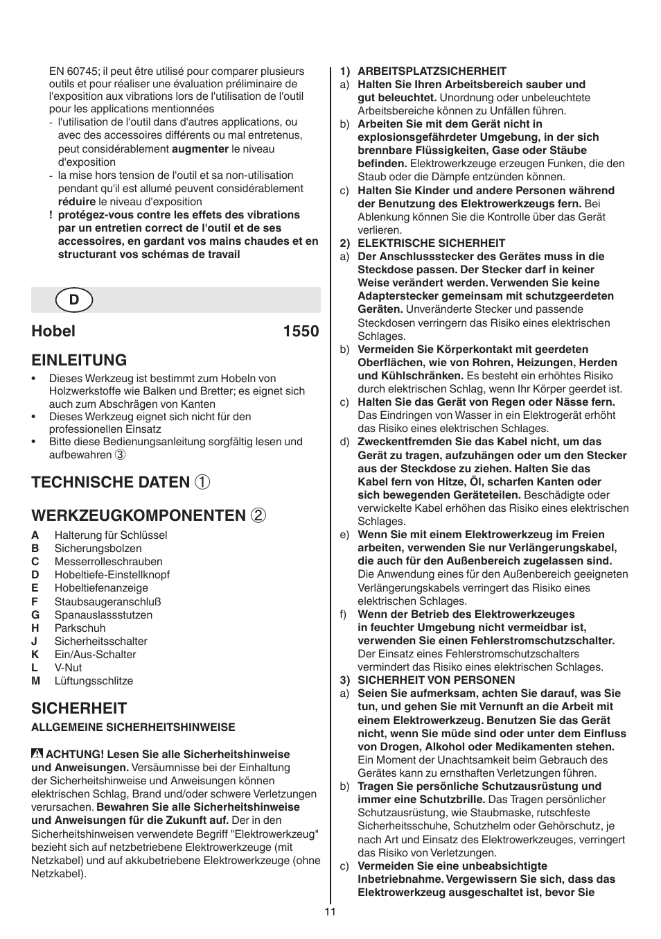 Hobel 1550 einleitung, Technische daten ① werkzeugkomponenten, Sicherheit | Skil 1550 AA User Manual | Page 11 / 108