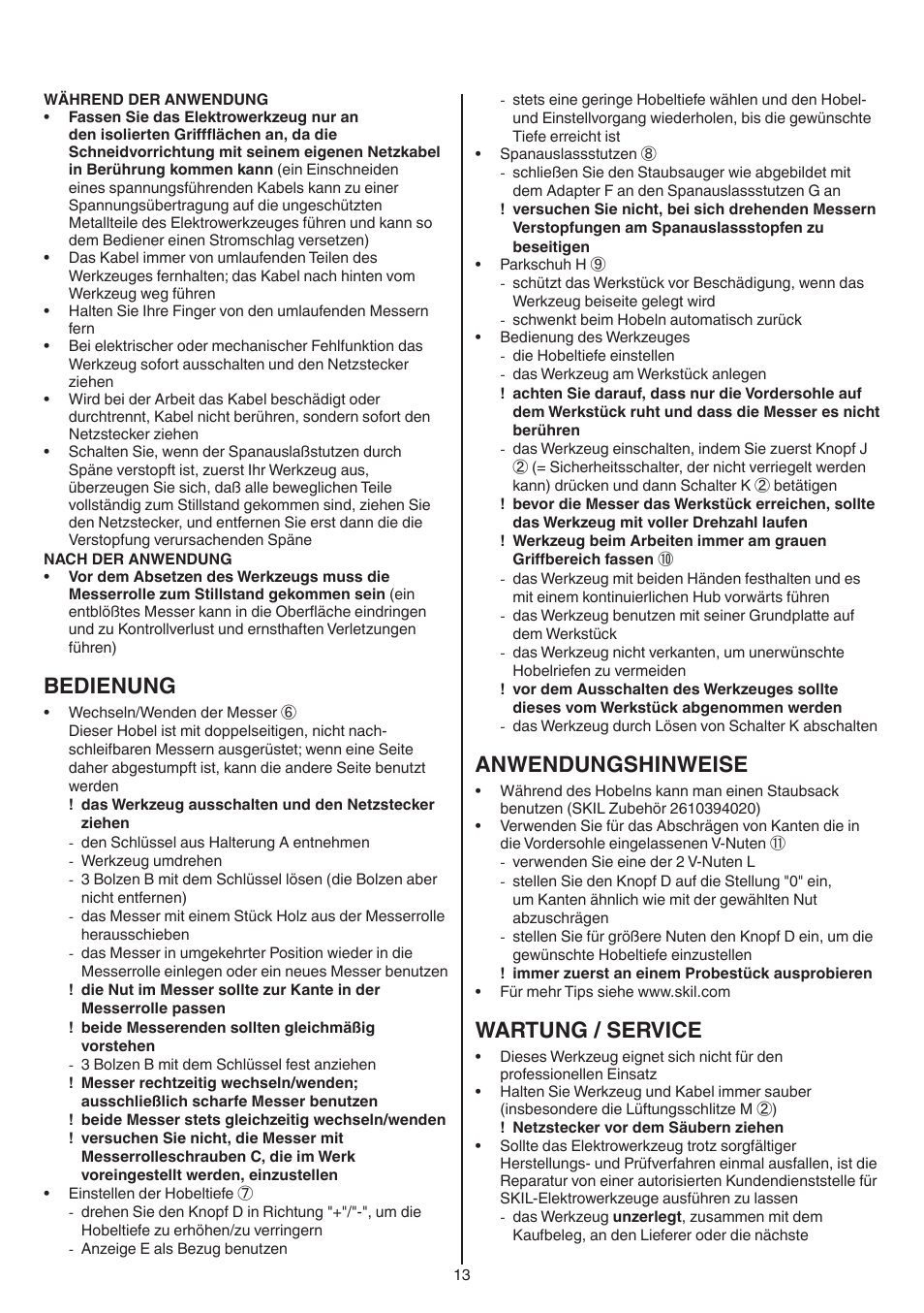 Bedienung, Anwendungshinweise, Wartung / service | Skil 1550 AA User Manual | Page 13 / 108