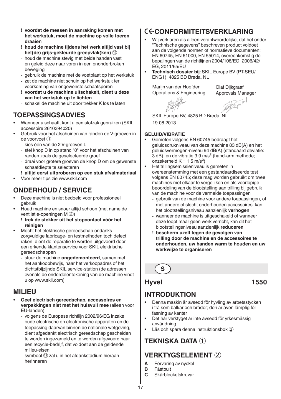 Toepassingsadvies, Onderhoud / service, Milieu | Conformiteitsverklaring, Hyvel 1550 introduktion, Tekniska data ① verktygselement | Skil 1550 AA User Manual | Page 17 / 108