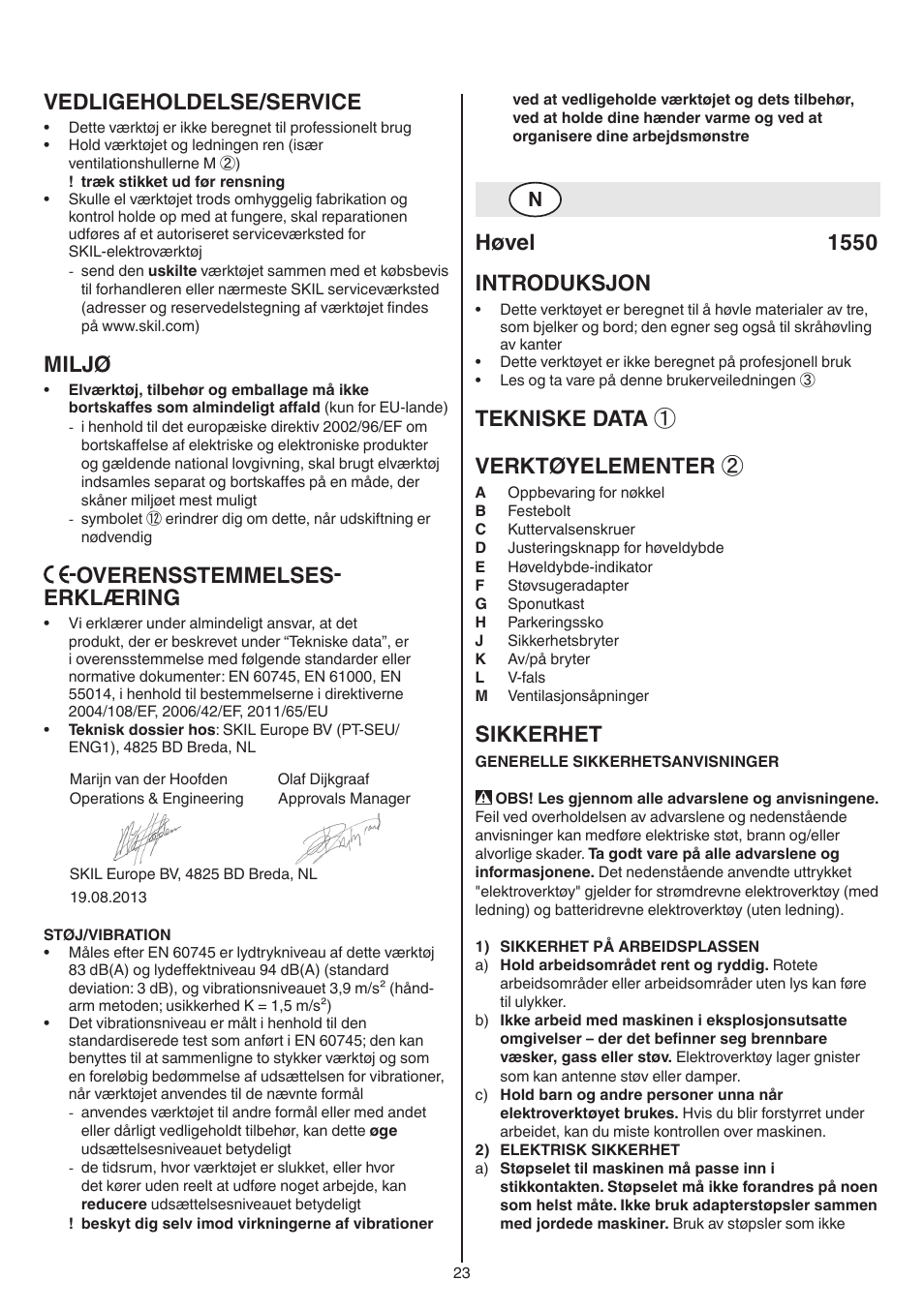Vedligeholdelse/service, Miljø, Overensstemmelses- erklæring | Høvel 1550 introduksjon, Tekniske data ① verktøyelementer, Sikkerhet | Skil 1550 AA User Manual | Page 23 / 108