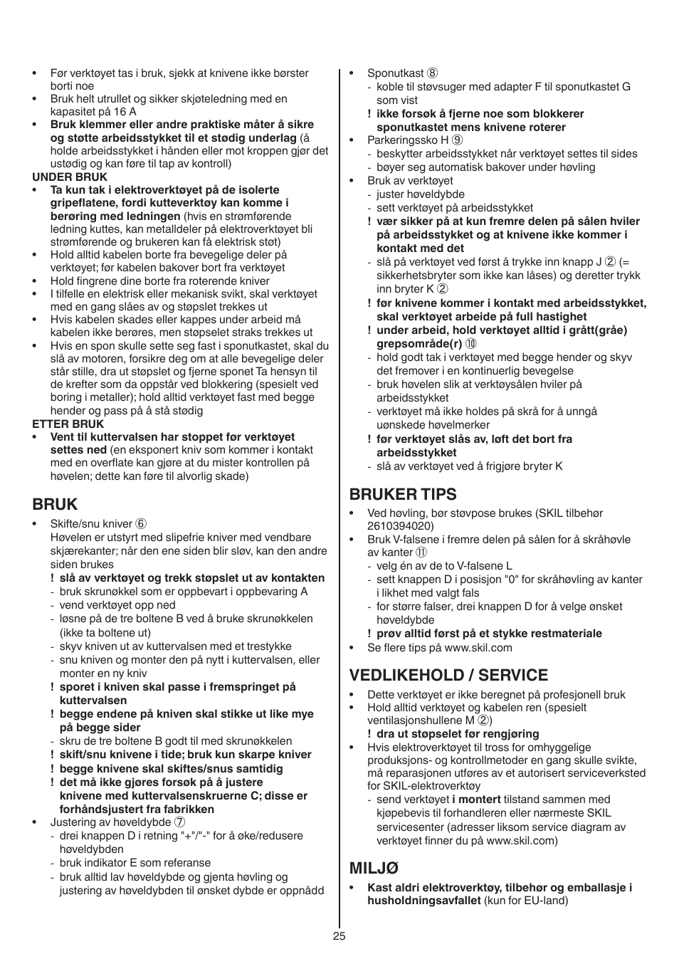 Bruk, Bruker tips, Vedlikehold / service | Miljø | Skil 1550 AA User Manual | Page 25 / 108