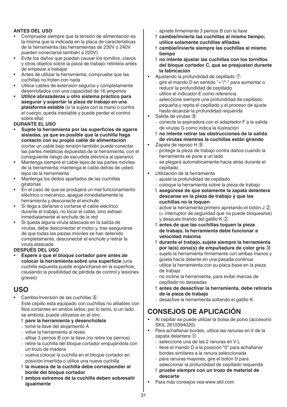 Consejos de aplicación | Skil 1550 AA User Manual | Page 31 / 108