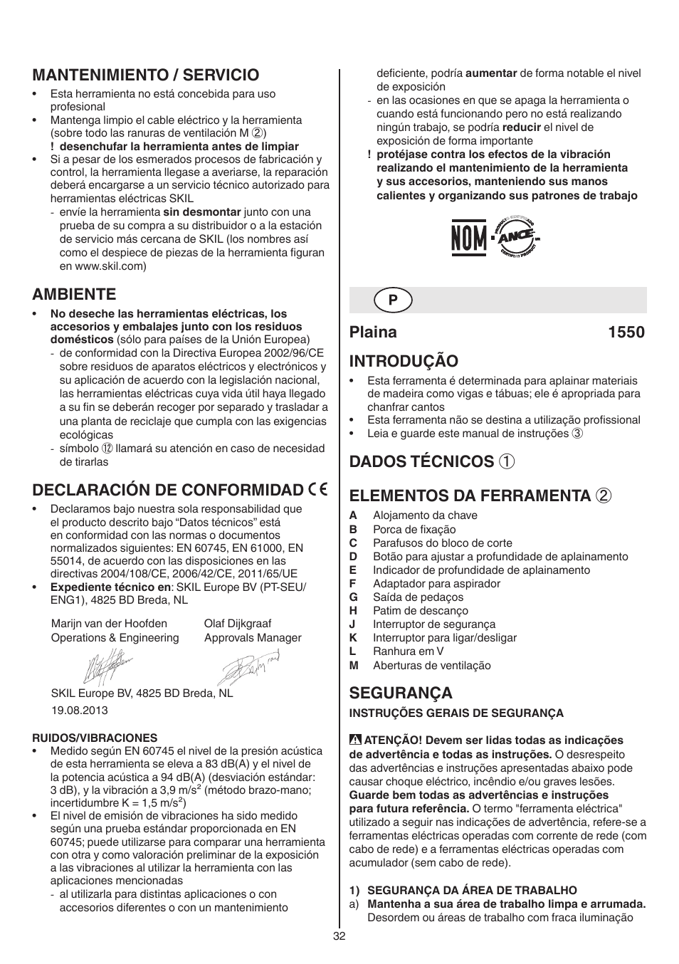 Mantenimiento / servicio, Ambiente, Declaración de conformidad | Plaina 1550 introdução, Dados técnicos ① elementos da ferramenta, Segurança | Skil 1550 AA User Manual | Page 32 / 108