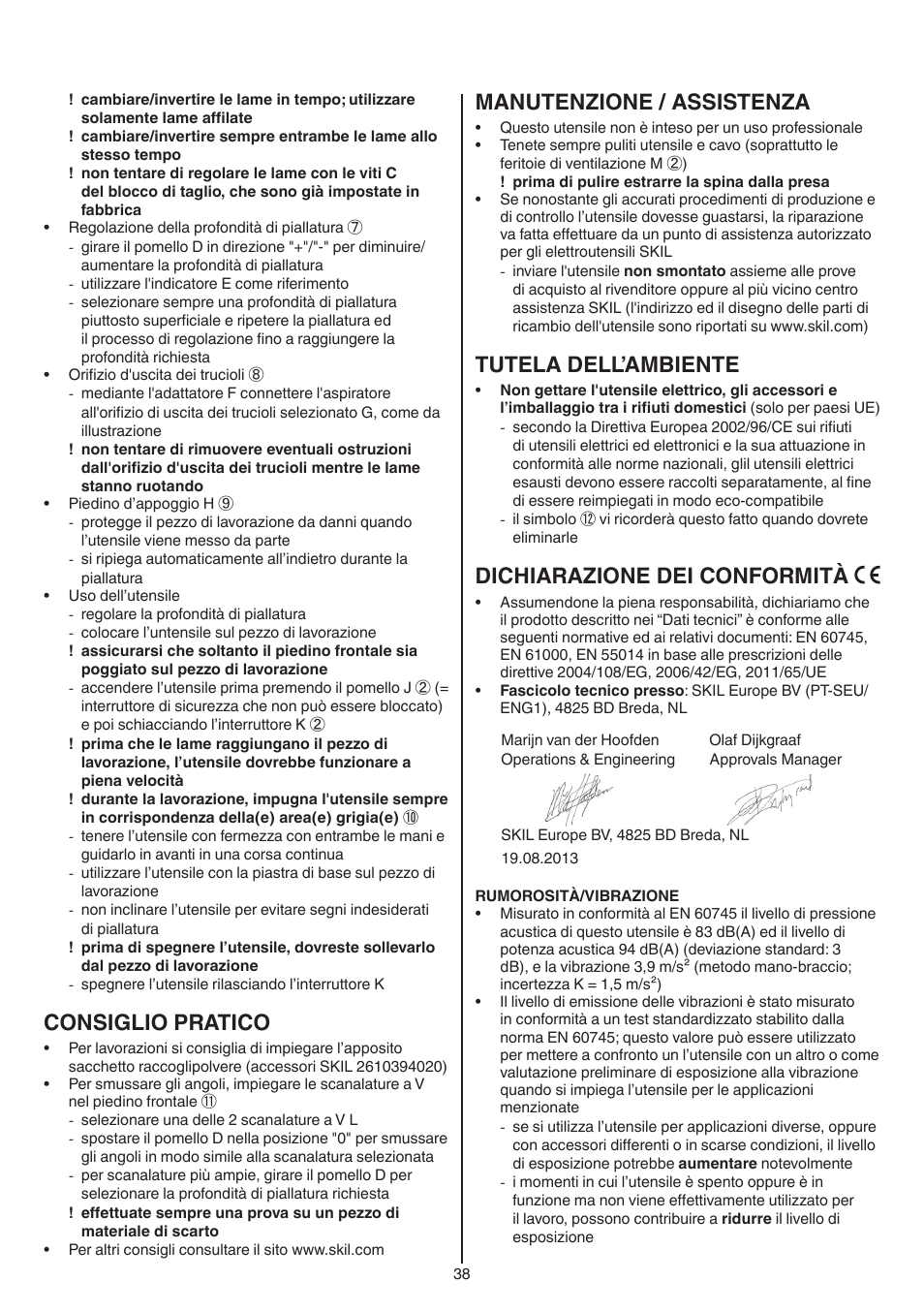 Consiglio pratico, Manutenzione / assistenza, Tutela dell’ambiente | Dichiarazione dei conformità | Skil 1550 AA User Manual | Page 38 / 108