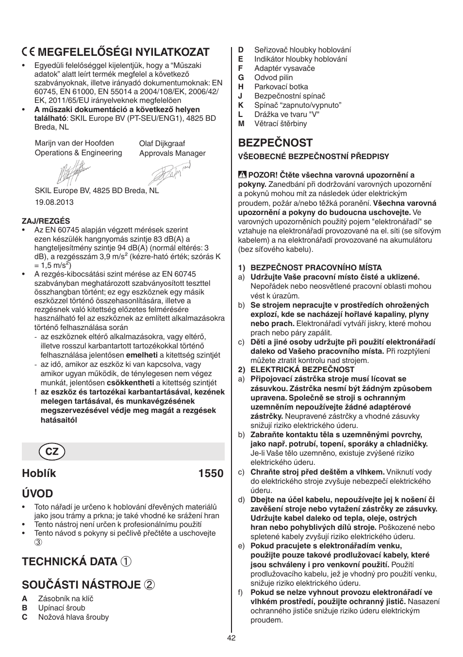 Megfelelőségi nyilatkozat, Hoblík 1550 úvod, Technická data | Součásti nástroje, Bezpečnost | Skil 1550 AA User Manual | Page 42 / 108