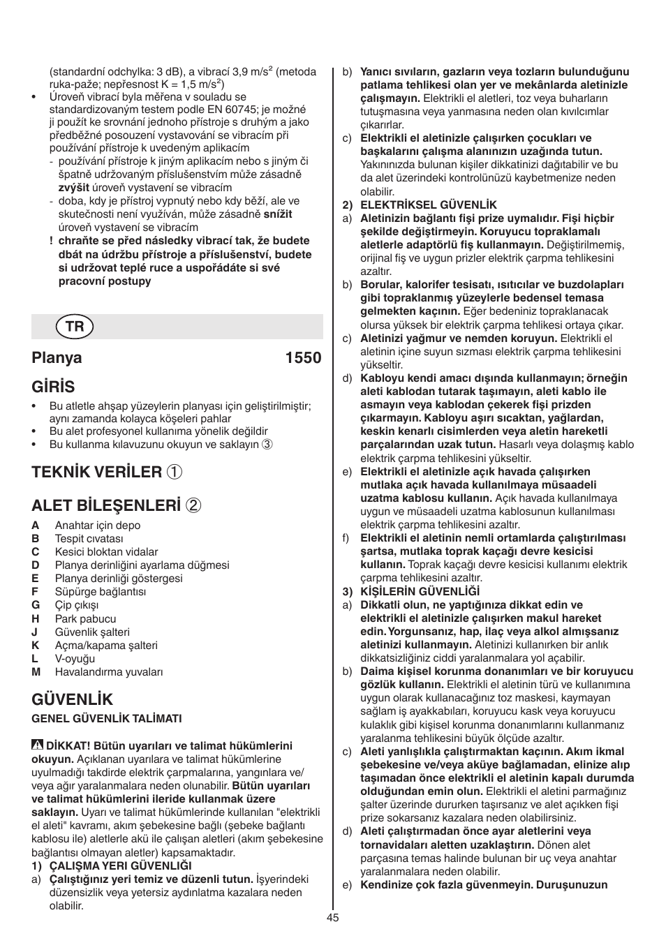 Planya 1550 giris, Teknik veriler ① alet bileşenleri, Güvenlik | Skil 1550 AA User Manual | Page 45 / 108