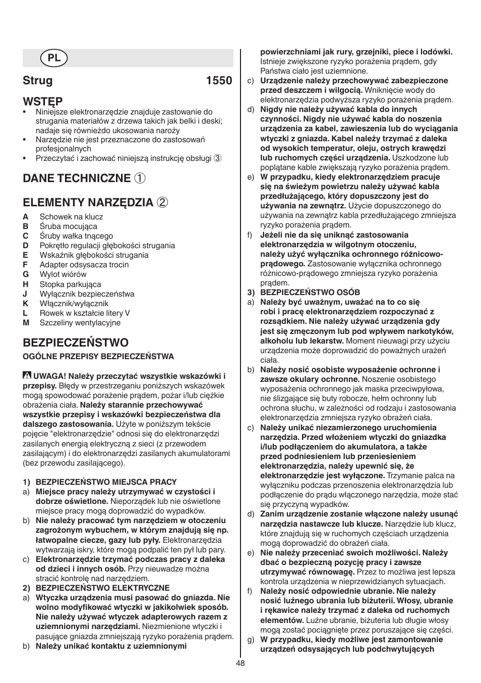 Strug 1550 wstęp, Dane techniczne ① elementy narzędzia, Bezpieczeństwo | Skil 1550 AA User Manual | Page 48 / 108