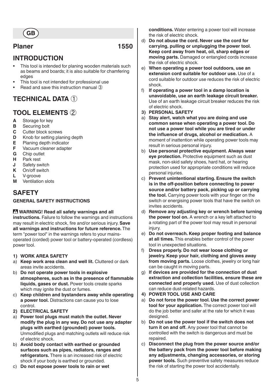Planer 1550 introduction, Technical data ① tool elements, Safety | Skil 1550 AA User Manual | Page 5 / 108