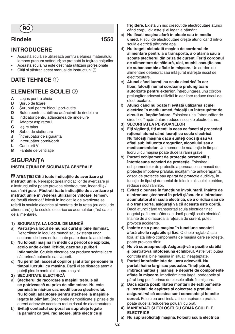 Rindele 1550 introducere, Date tehnice ① elementele sculei, Siguranţa | Skil 1550 AA User Manual | Page 62 / 108