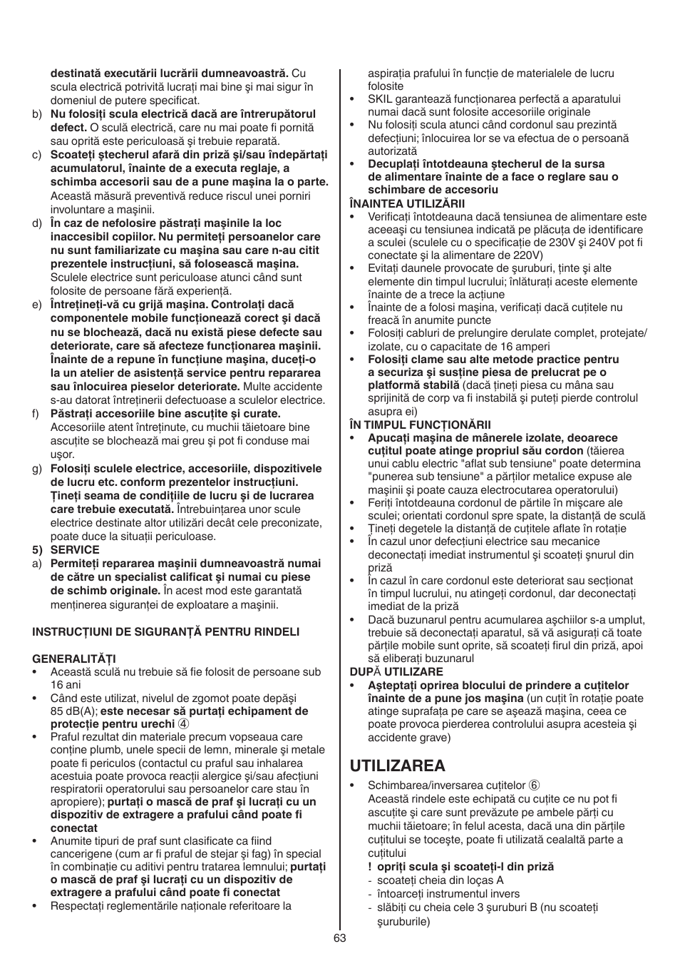Utilizarea | Skil 1550 AA User Manual | Page 63 / 108