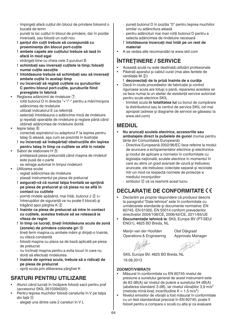 Sfaturi pentru utilizare, Întreţinere / service, Mediul | Declaraţie de conformitate | Skil 1550 AA User Manual | Page 64 / 108
