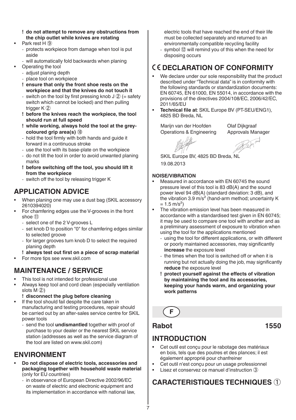 Application advice, Maintenance / service, Environment | Declaration of conformity, Rabot 1550 introduction, Caracteristiques techniques | Skil 1550 AA User Manual | Page 7 / 108