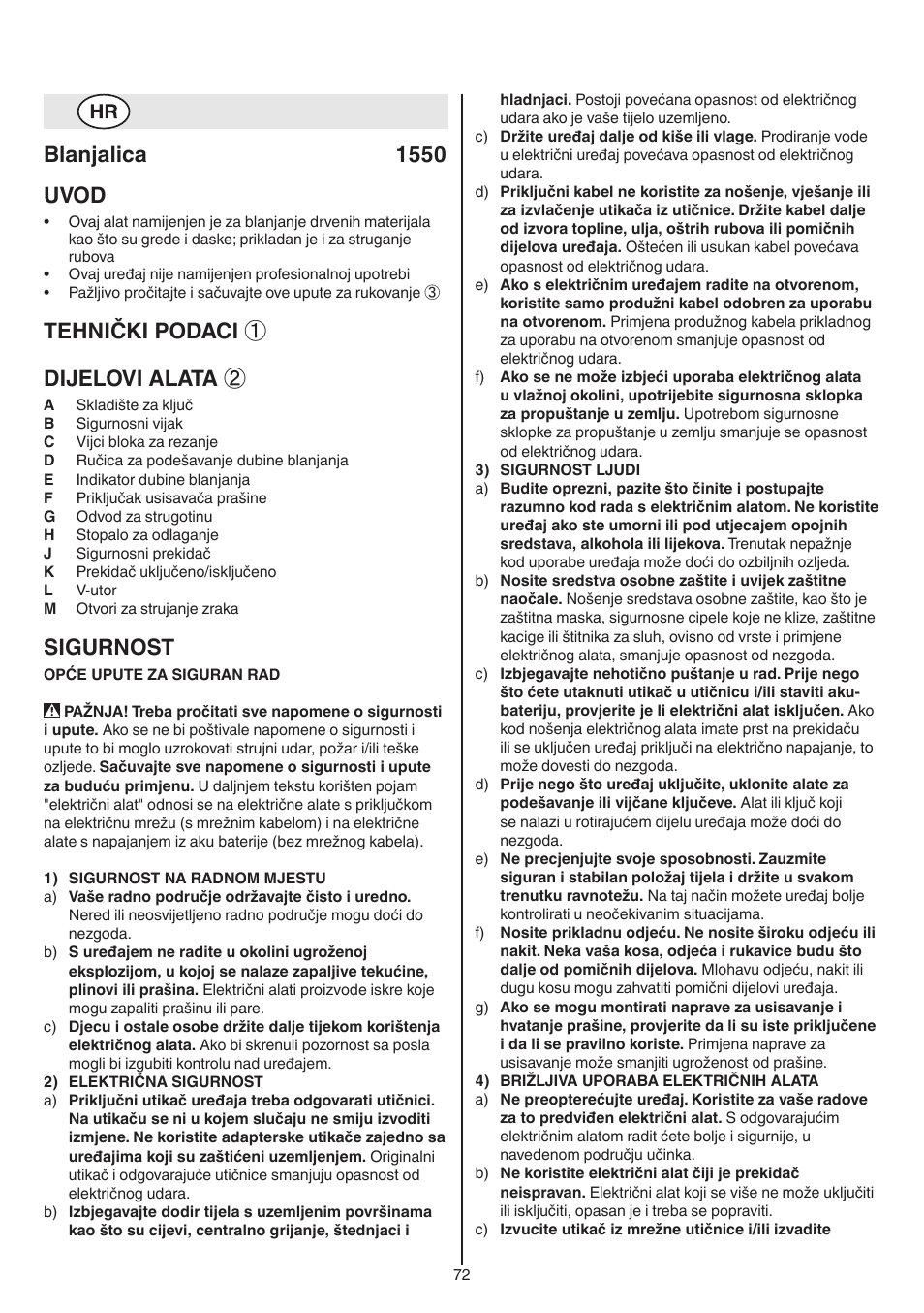 Blanjalica 1550 uvod, Tehnički podaci ① dijelovi alata, Sigurnost | Skil 1550 AA User Manual | Page 72 / 108
