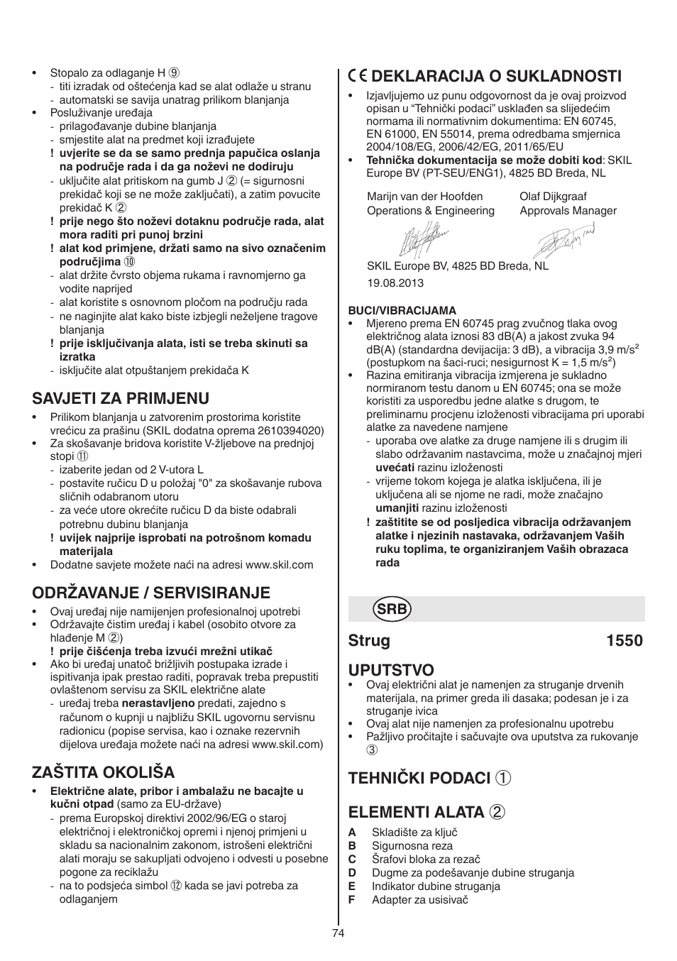 Savjeti za primjenu, Održavanje / servisiranje, Zaštita okoliša | Deklaracija o sukladnosti, Strug 1550 uputstvo, Tehnički podaci ① elementi alata | Skil 1550 AA User Manual | Page 74 / 108