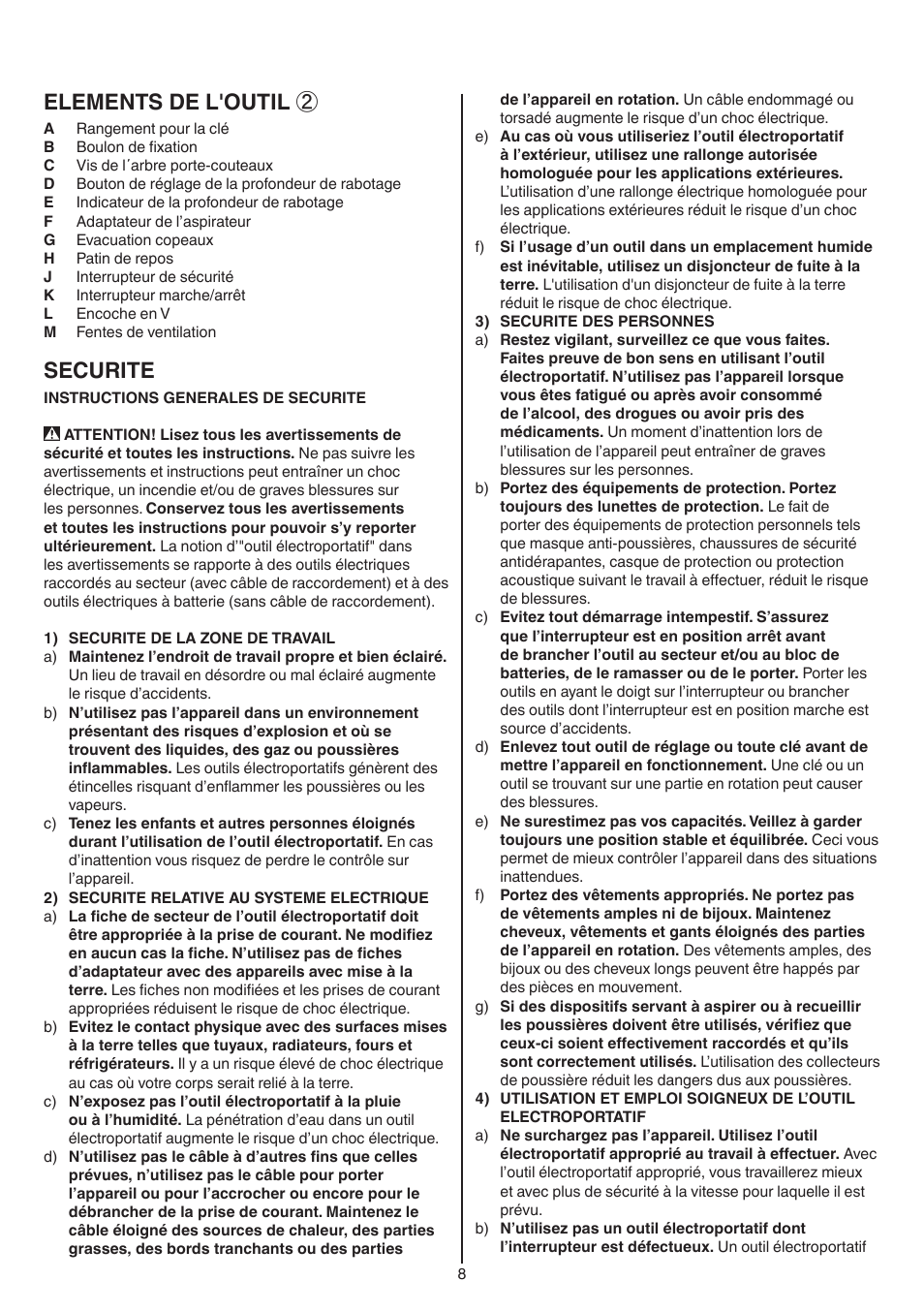 Elements de l'outil, Securite | Skil 1550 AA User Manual | Page 8 / 108