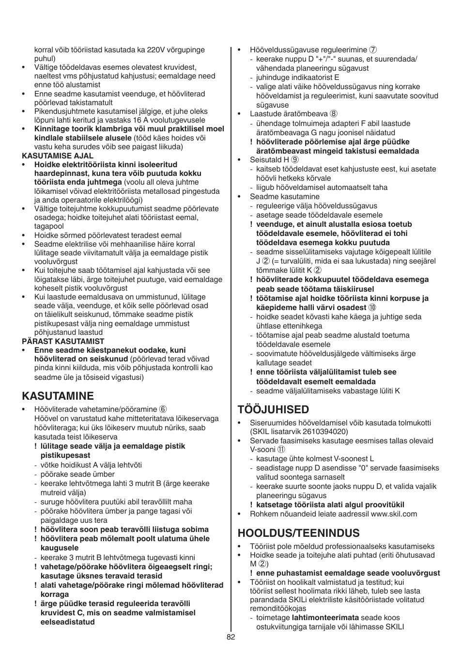 Kasutamine, Tööjuhised, Hooldus/teenindus | Skil 1550 AA User Manual | Page 82 / 108