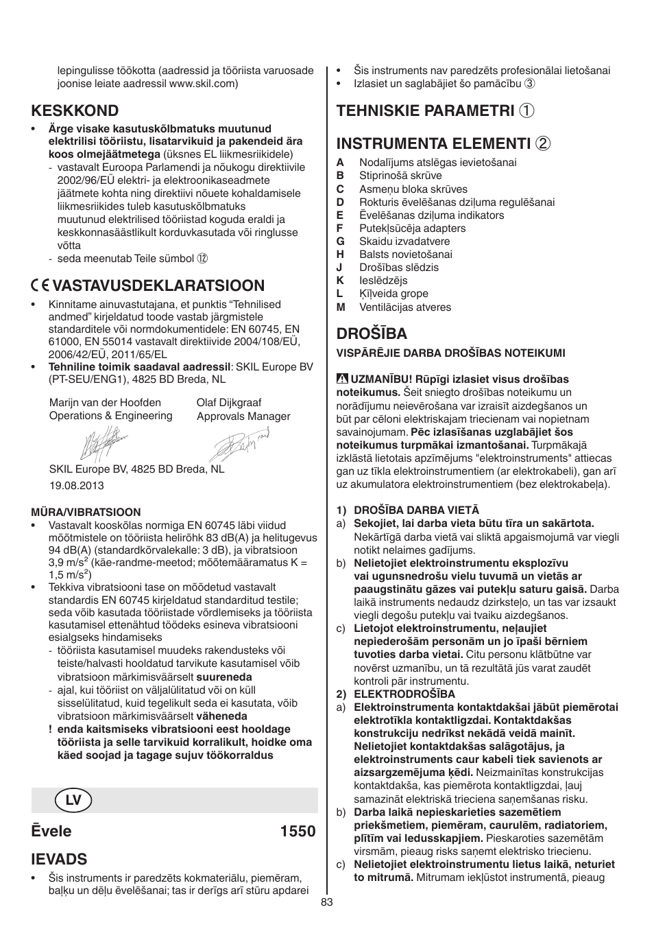 Keskkond, Vastavusdeklaratsioon, Ēvele 1550 ievads | Tehniskie parametri ① instrumenta elementi, Drošība | Skil 1550 AA User Manual | Page 83 / 108