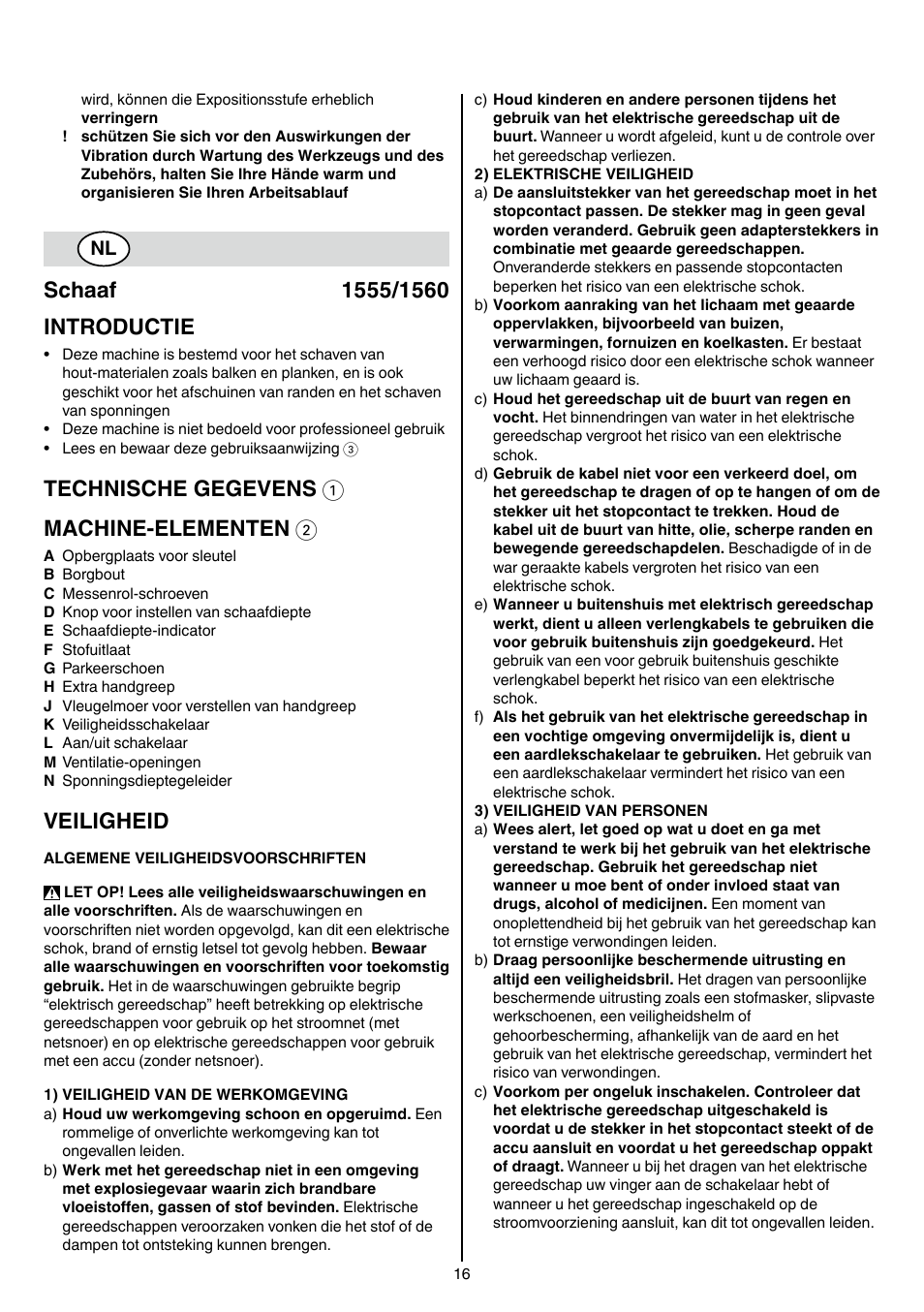 Technische gegevens 1 machine-elementen 2, Veiligheid | Skil 1560 AA User Manual | Page 16 / 112