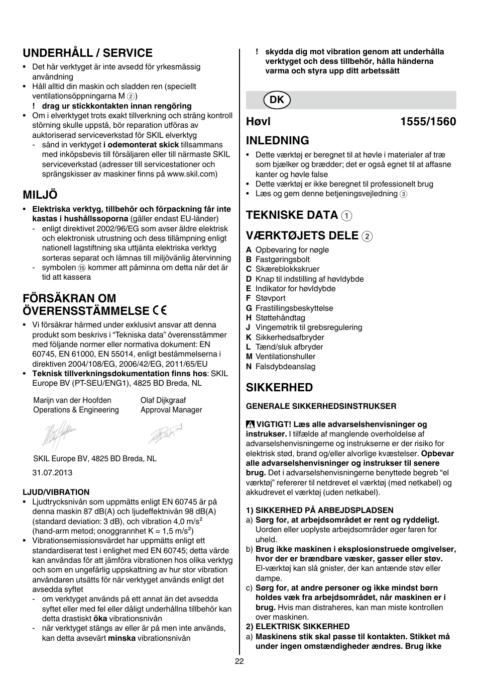 Underhåll / service, Miljö, Försäkran om överensstämmelse | Tekniske data 1 værktøjets dele 2, Sikkerhed | Skil 1560 AA User Manual | Page 22 / 112