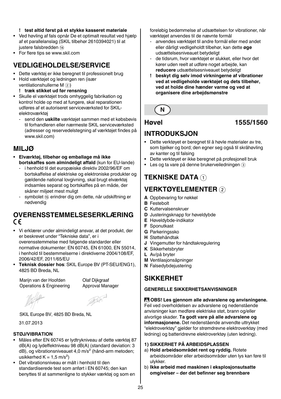 Vedligeholdelse/service, Miljø, Overensstemmelseserklæring | Tekniske data 1 verktøyelementer 2, Sikkerhet | Skil 1560 AA User Manual | Page 25 / 112