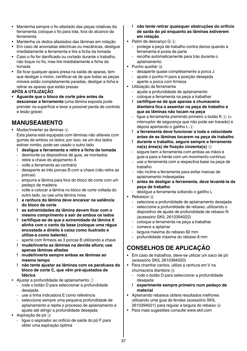 Manuseamento, Conselhos de aplicação | Skil 1560 AA User Manual | Page 37 / 112