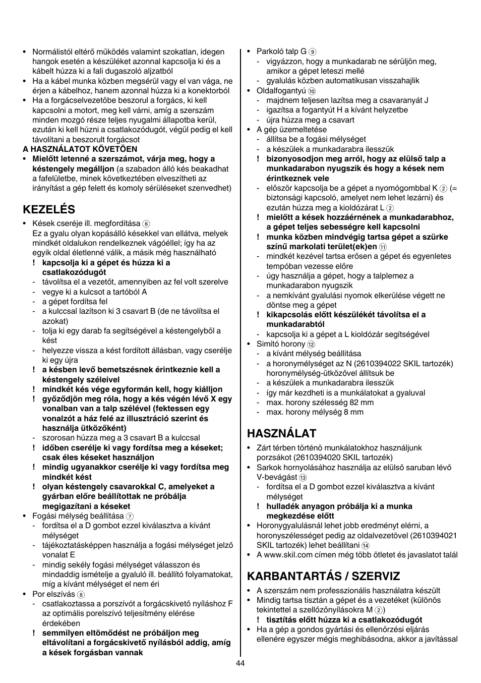 Kezelés, Használat, Karbantartás / szerviz | Skil 1560 AA User Manual | Page 44 / 112