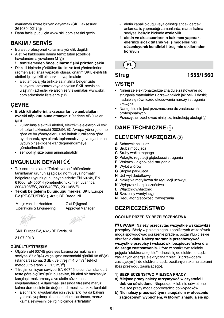 Bakim / servis, Çevre, Uygunluk beyani | Dane techniczne 1 elementy narzędzia 2, Bezpieczeństwo | Skil 1560 AA User Manual | Page 51 / 112