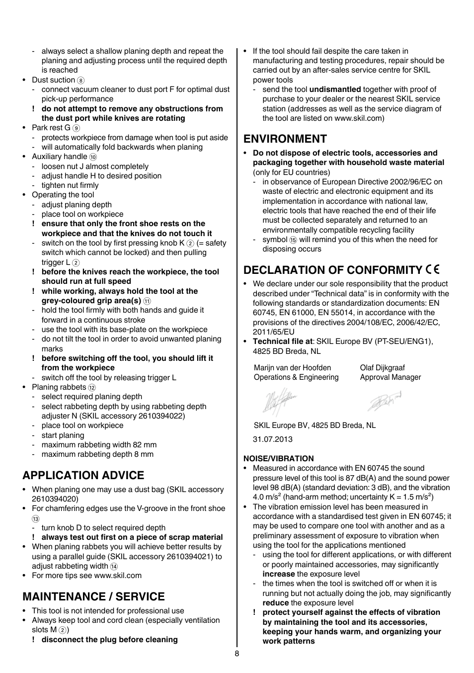 Application advice, Maintenance / service, Environment | Declaration of conformity | Skil 1560 AA User Manual | Page 8 / 112