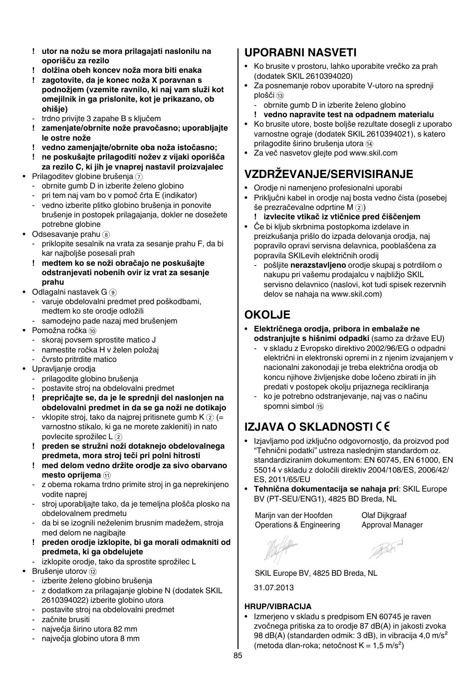 Uporabni nasveti, Vzdrževanje/servisiranje, Okolje | Izjava o skladnosti | Skil 1560 AA User Manual | Page 85 / 112