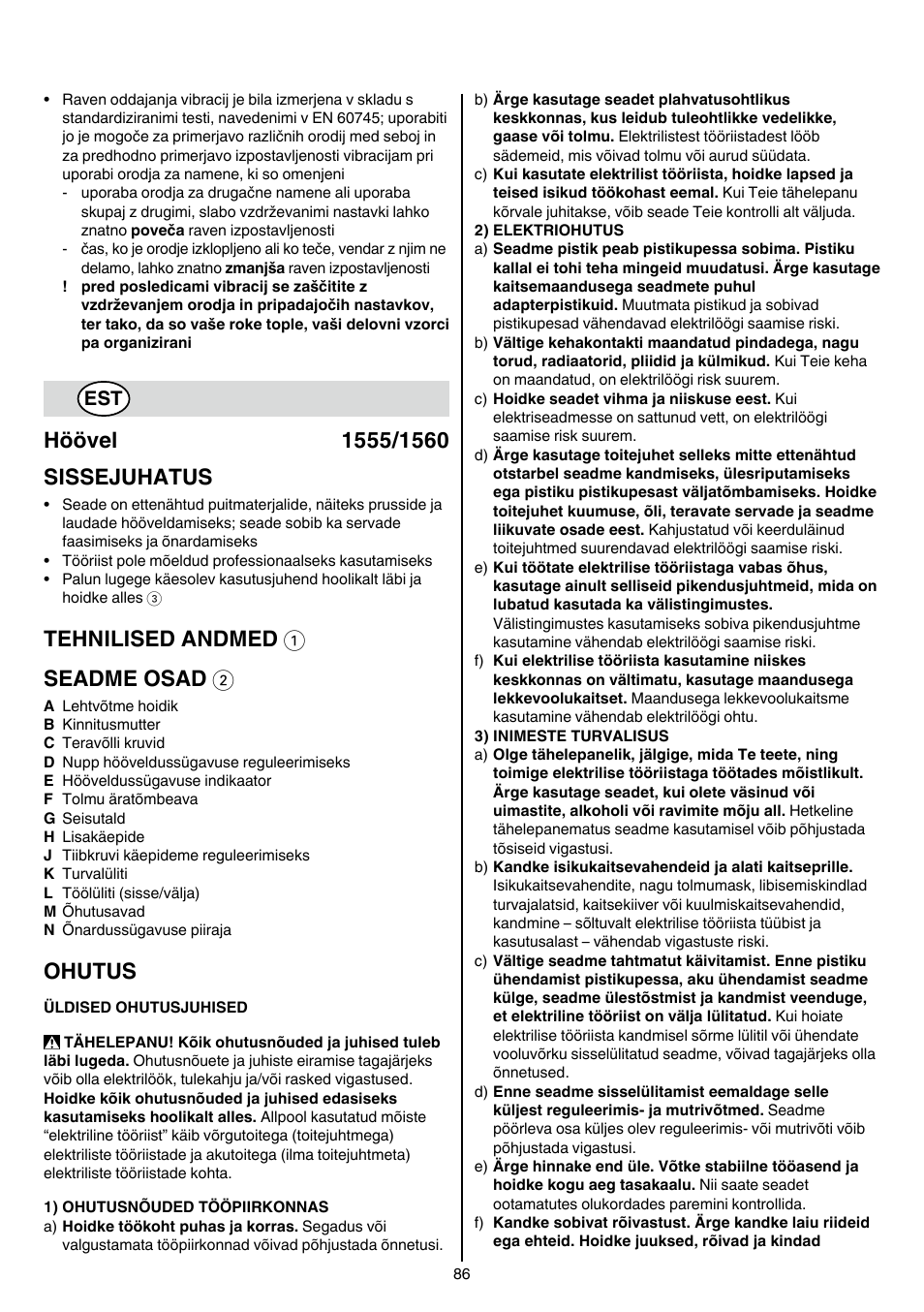 Tehnilised andmed 1 seadme osad 2, Ohutus | Skil 1560 AA User Manual | Page 86 / 112