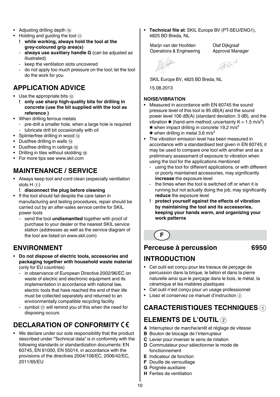 Application advice, Maintenance / service, Environment | Declaration of conformity, Perceuse à percussion 6950 introduction | Skil 6950 AA (Torro) User Manual | Page 10 / 108