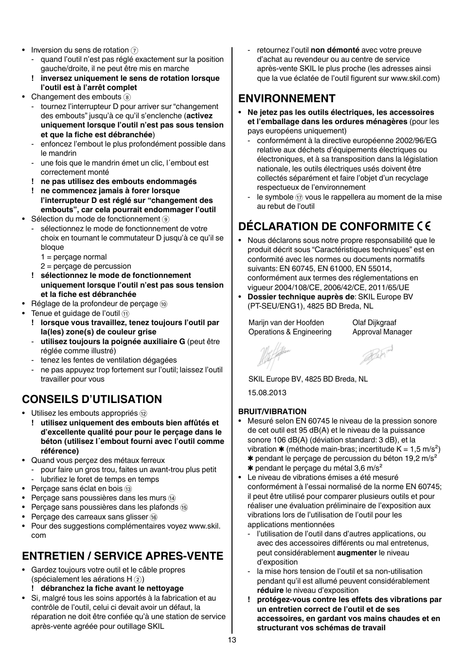 Conseils d’utilisation, Entretien / service apres-vente, Environnement | Déclaration de conformite | Skil 6950 AA (Torro) User Manual | Page 13 / 108