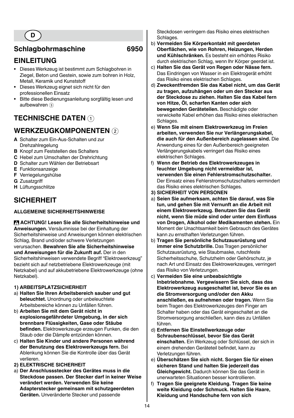 Schlagbohrmaschine 6950 einleitung, Technische daten 1 werkzeugkomponenten 2, Sicherheit | Skil 6950 AA (Torro) User Manual | Page 14 / 108