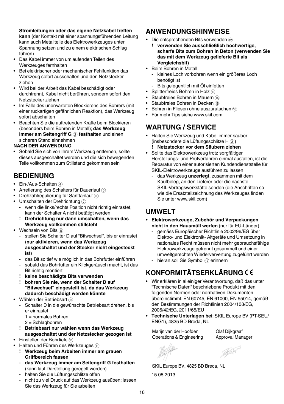 Bedienung, Anwendungshinweise, Wartung / service | Umwelt, Konformitätserklärung | Skil 6950 AA (Torro) User Manual | Page 16 / 108