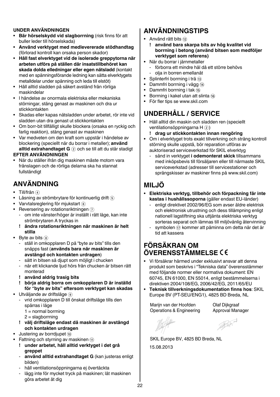 Användning, Användningstips, Underhåll / service | Miljö, Försäkran om överensstämmelse | Skil 6950 AA (Torro) User Manual | Page 22 / 108