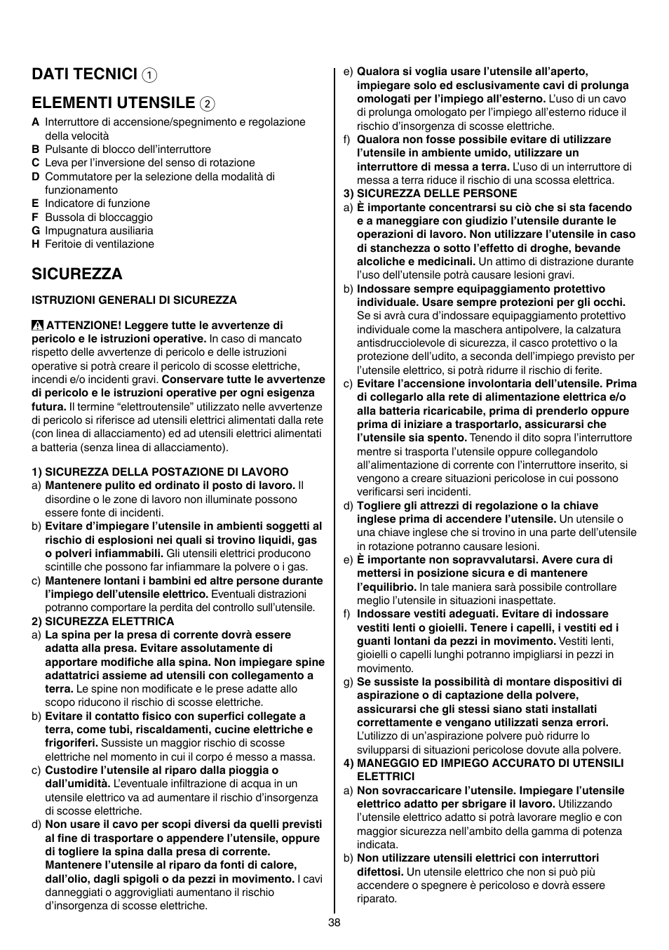 Dati tecnici 1 elementi utensile 2, Sicurezza | Skil 6950 AA (Torro) User Manual | Page 38 / 108