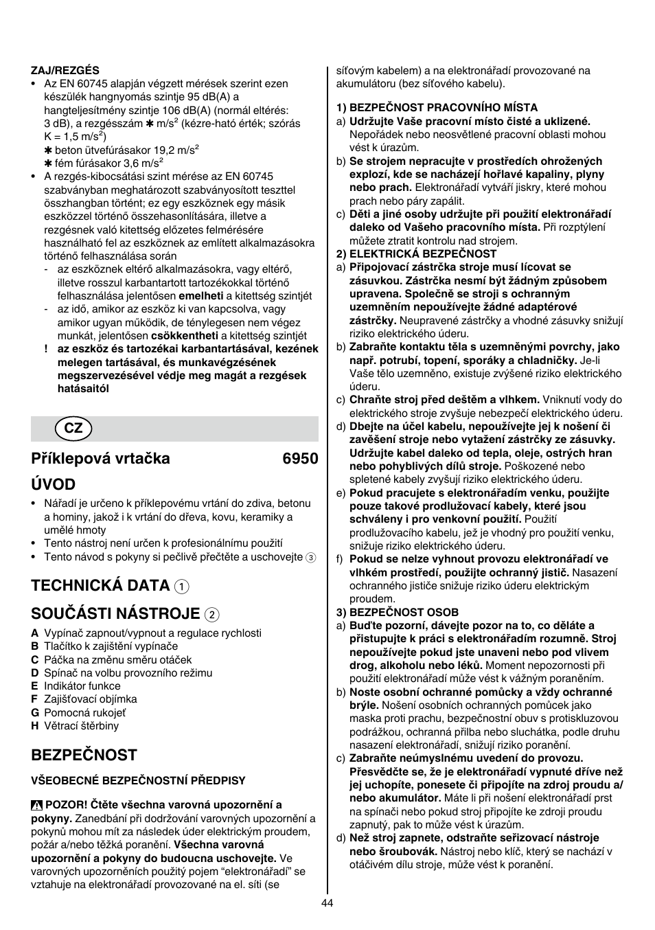 Příklepová vrtačka 6950 úvod, Technická data 1 součásti nástroje 2, Bezpečnost | Skil 6950 AA (Torro) User Manual | Page 44 / 108